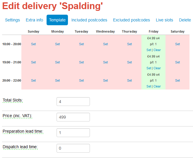 Home delivery slot rule template