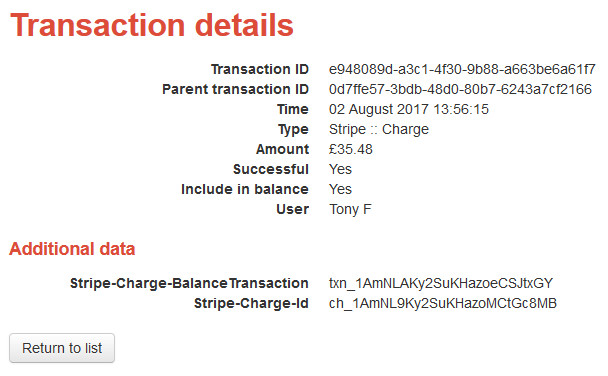 Successful Stripe charge transaction details